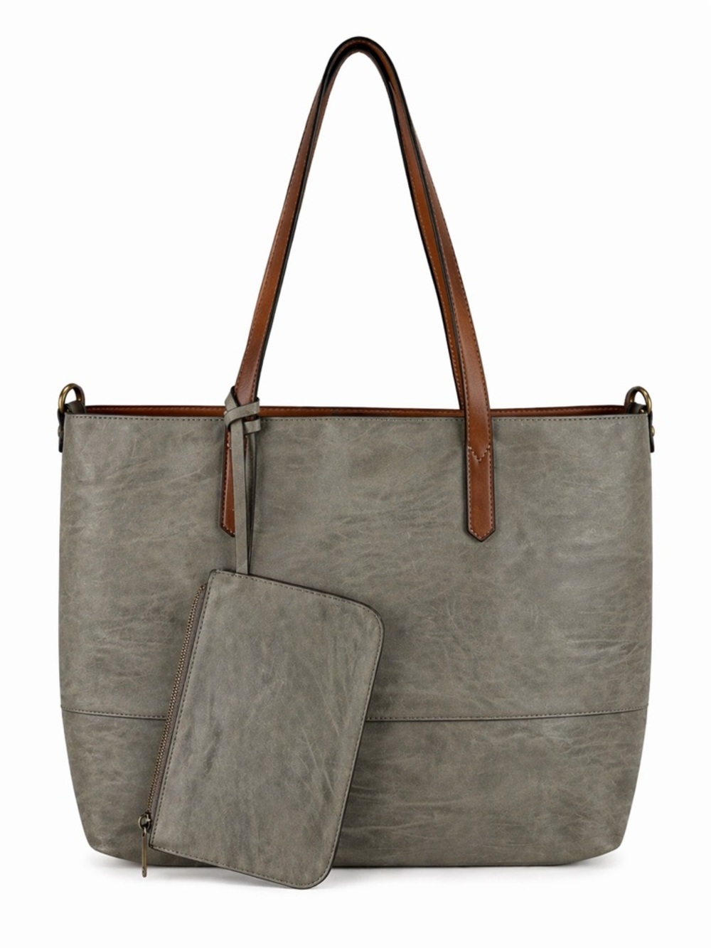 Gray Vegan Leather Tote Bag Large Shoulder Bag w/ Pouch Minimalist Everyday